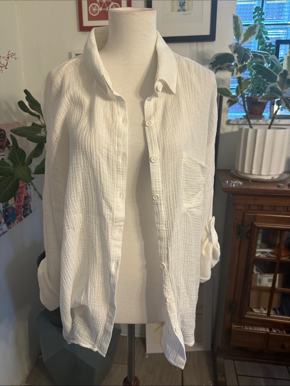 BB Dakota White Lightweight Cotton Gauze Button-Down Shirt Large